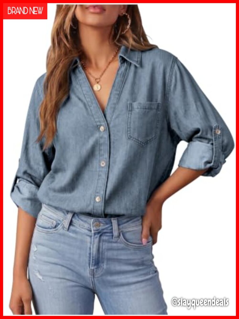 Women's Denim Shirt Jacket Button Down V-Neck Long Sleeve Cowgirl Blouse
